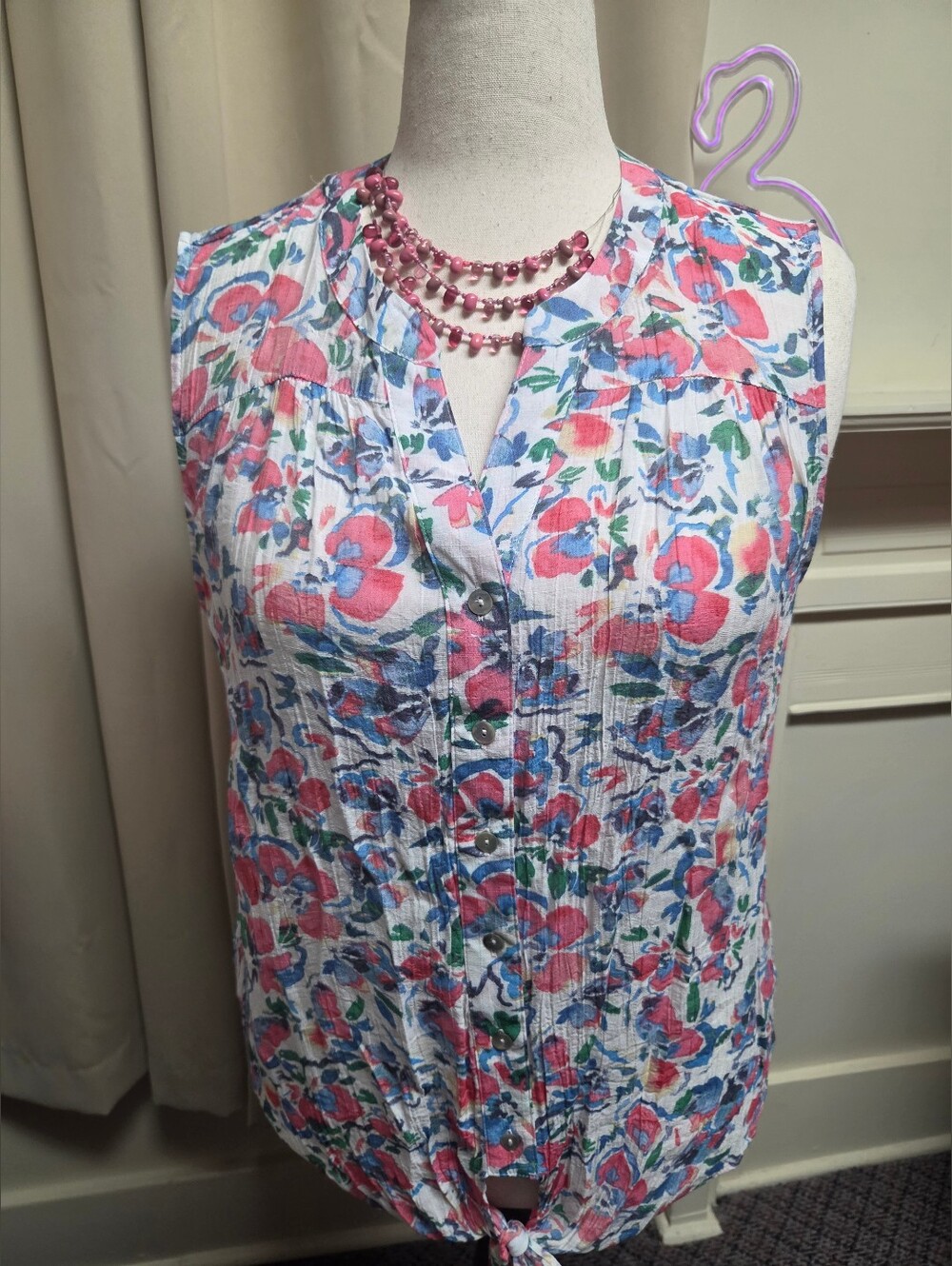 Zac & Rachel White Sleeveless Floral Button-Front Tie-Hem Top Size XL